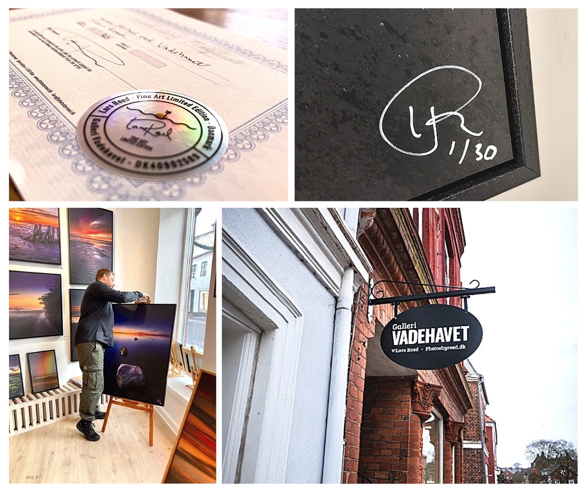 Ægthedscertifikat med segl, et print signeret og nummereret 1/30, Lars Roed der hænger et værk op i Galleri Vadehavet og galleriets skilt i Ribe Ægthedscertifikat med segl, et print signeret og nummereret 1/30, Lars Roed der hænger et værk op i Galleri Vadehavet og galleriets skilt i Ribe